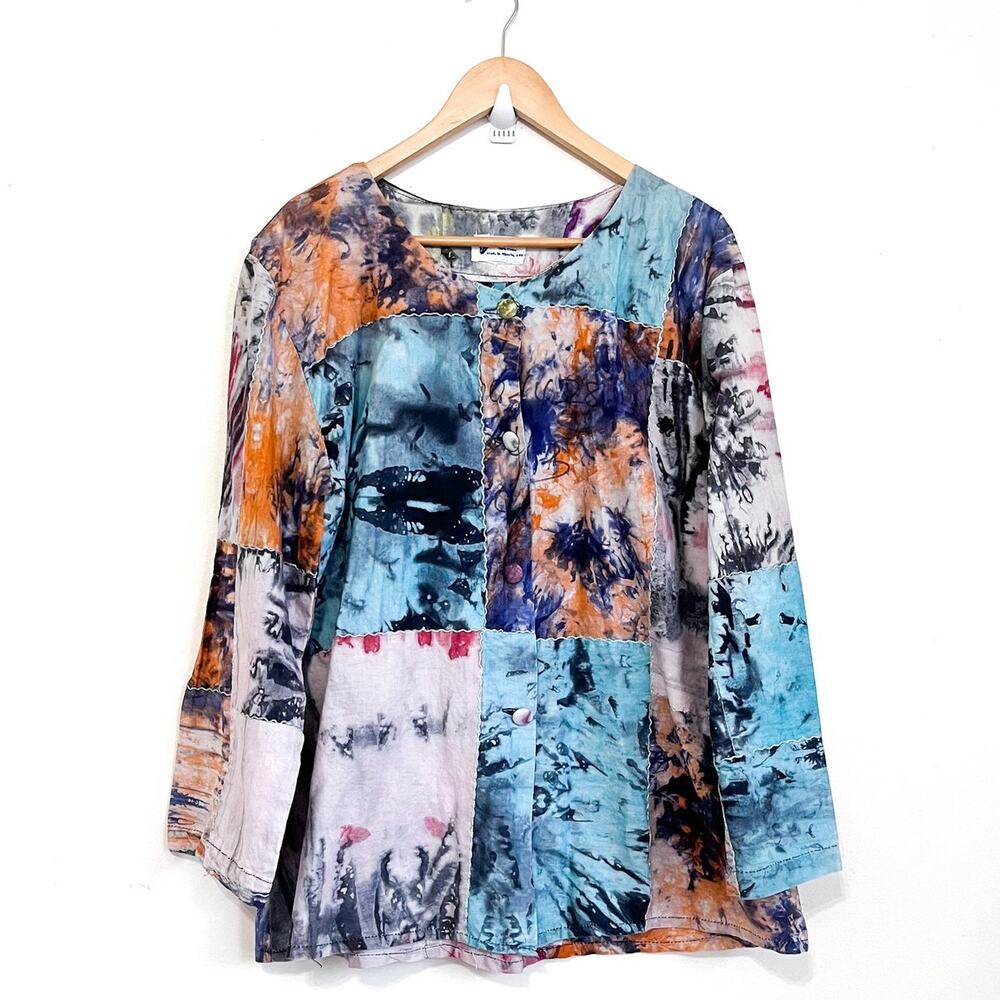 Indigo Artsy Lagenlook Womens Shirt Size O/S Patchwork Oversized Button Up‎ Boxy